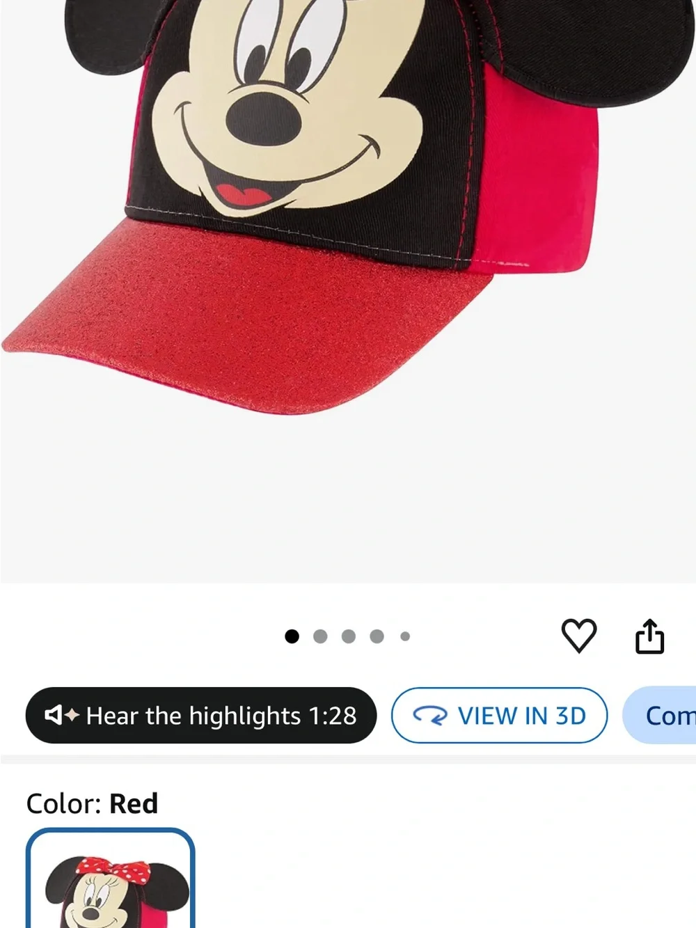 Disney Kids Mickey & Minnie Cartoon Caps - Red, Teal, Yellow, Black